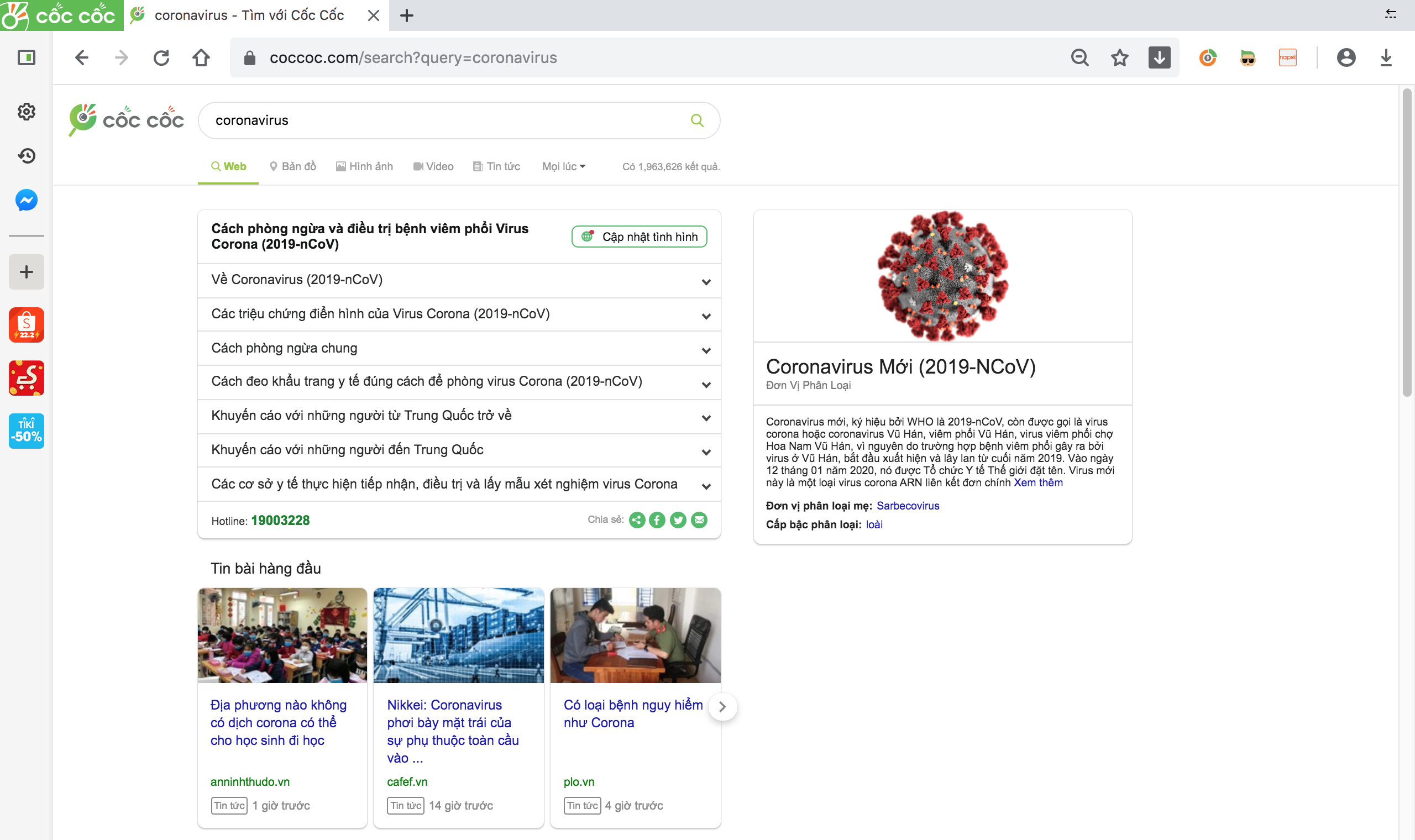Thông tin về virus Corona trên công cụ tìm kiếm Cốc Cốc